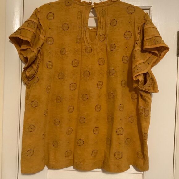 anthropology MUSTARD YELLOW FLATTER SLEEVE EYELET EMBROIDERED COTTON - Picture 11 of 15